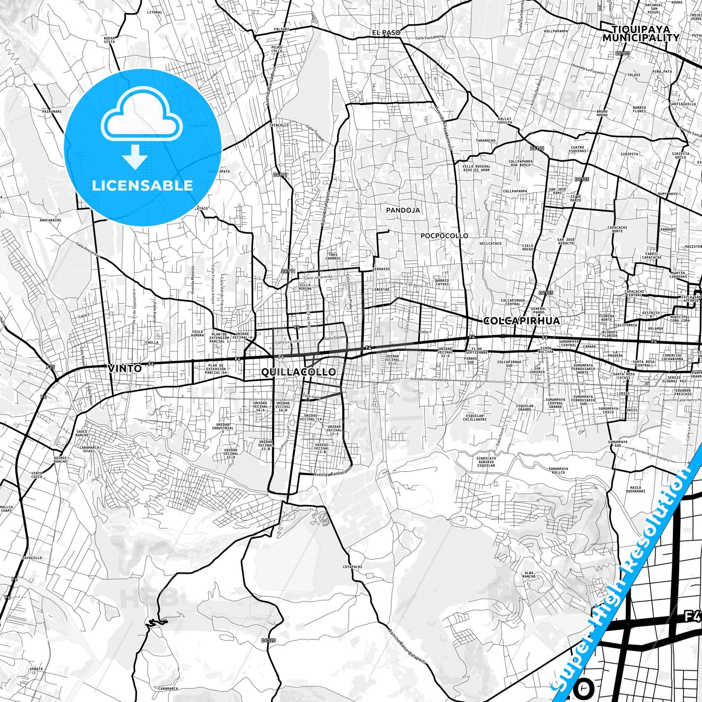 Quillacollo, Bolivia Light Map with Street Names, City Names, and Districts