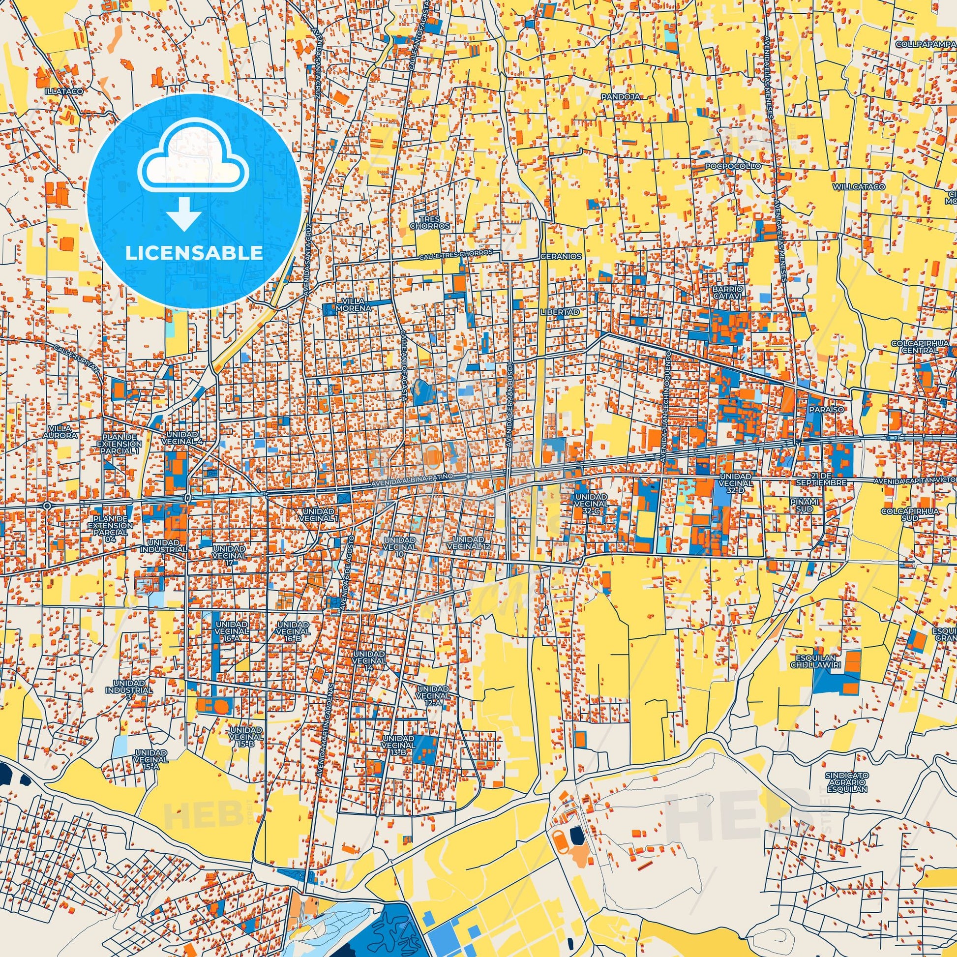 Colorful Quillacollo Street Map with Labels and Buildings