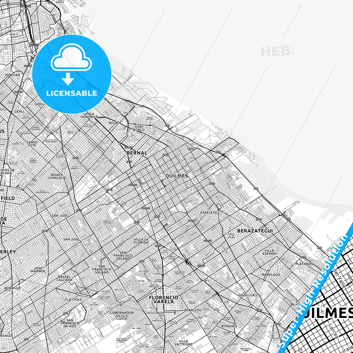 Quilmes, Argentina light map with streetnames, citynames and districts