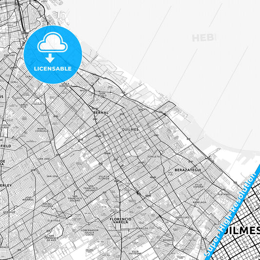 Quilmes, Argentina light map with streetnames, citynames and districts