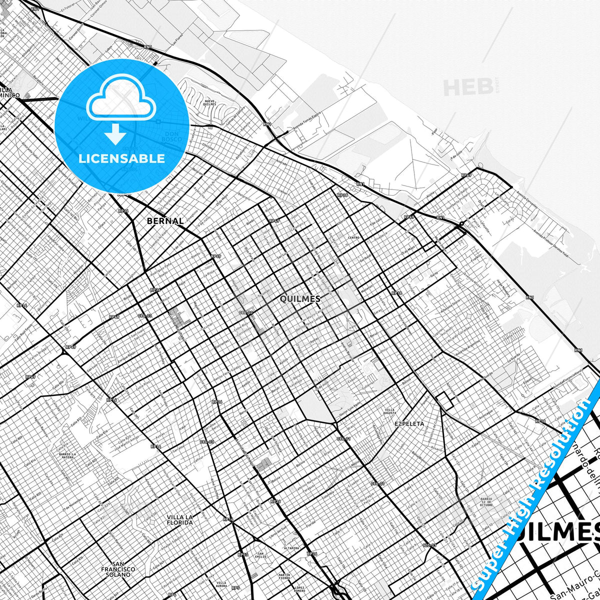 Quilmes, Argentina Light Map with Street Names, City Names, and Districts