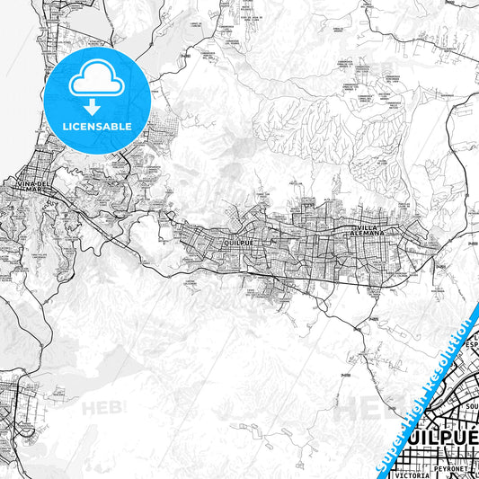 Quilpue, Chile light map with streetnames, citynames and districts