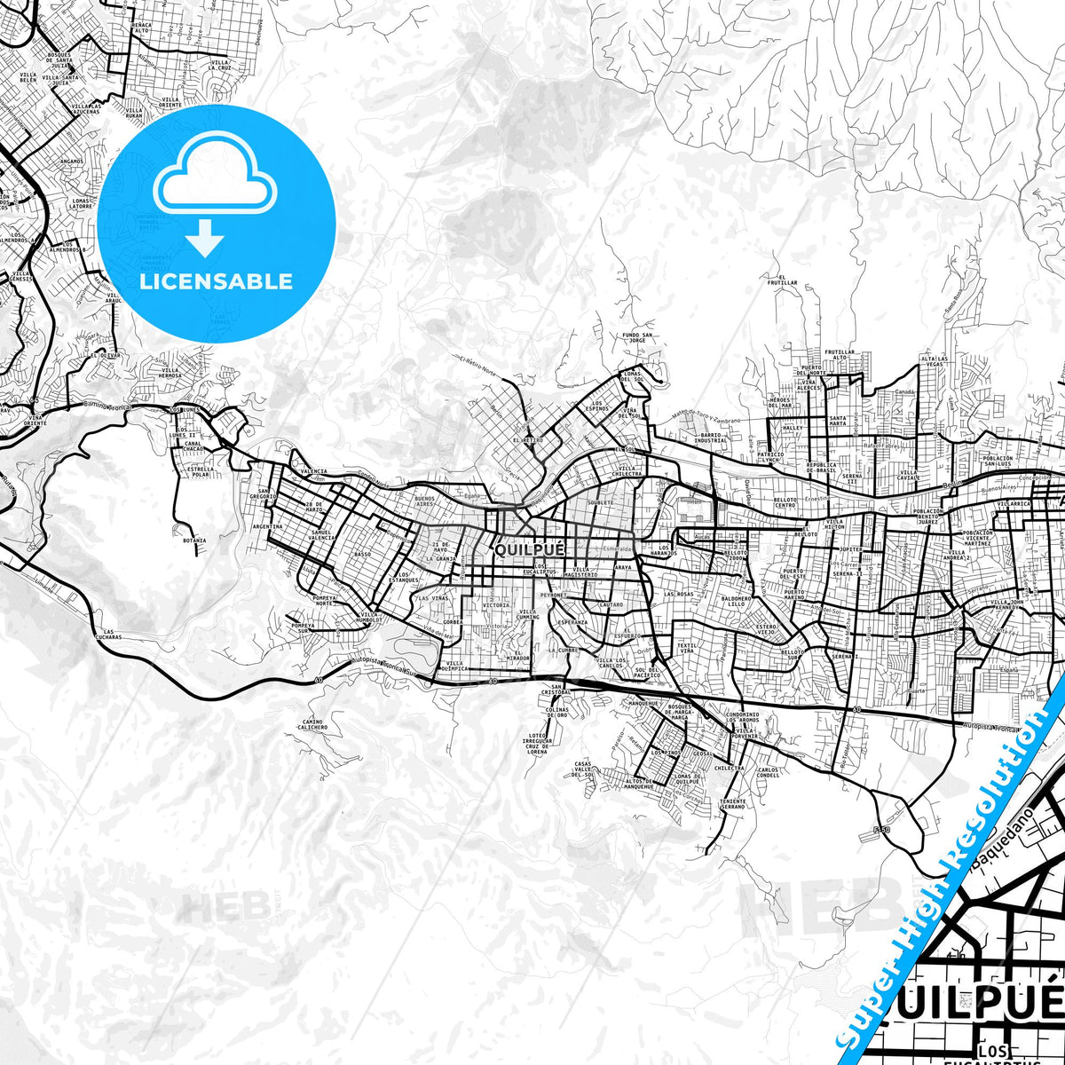 Quilpue, Chile Light Map with Street Names, City Names, and Districts