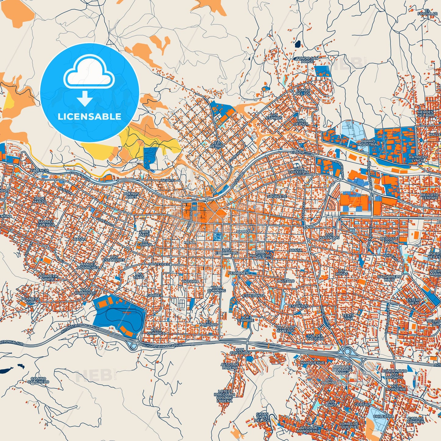 Colorful Quilpue Street Map with Labels and Buildings