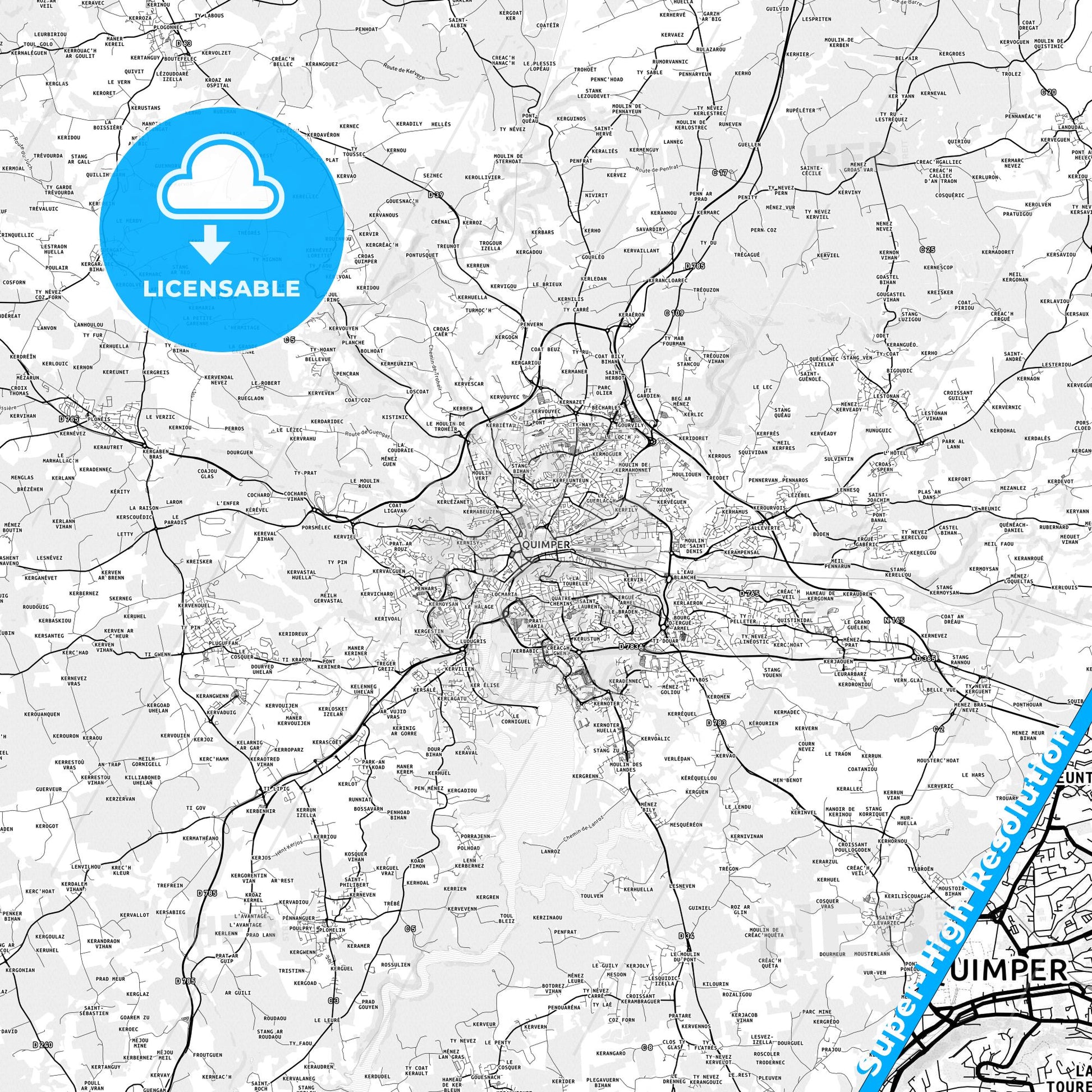 Quimper, France light map with streetnames, citynames and districts