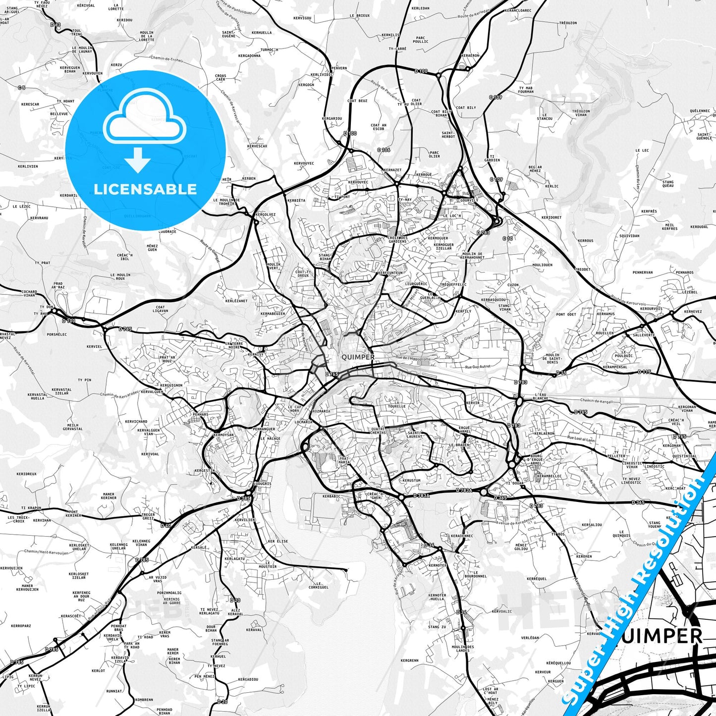 Quimper, France Light Map with Street Names, City Names, and Districts