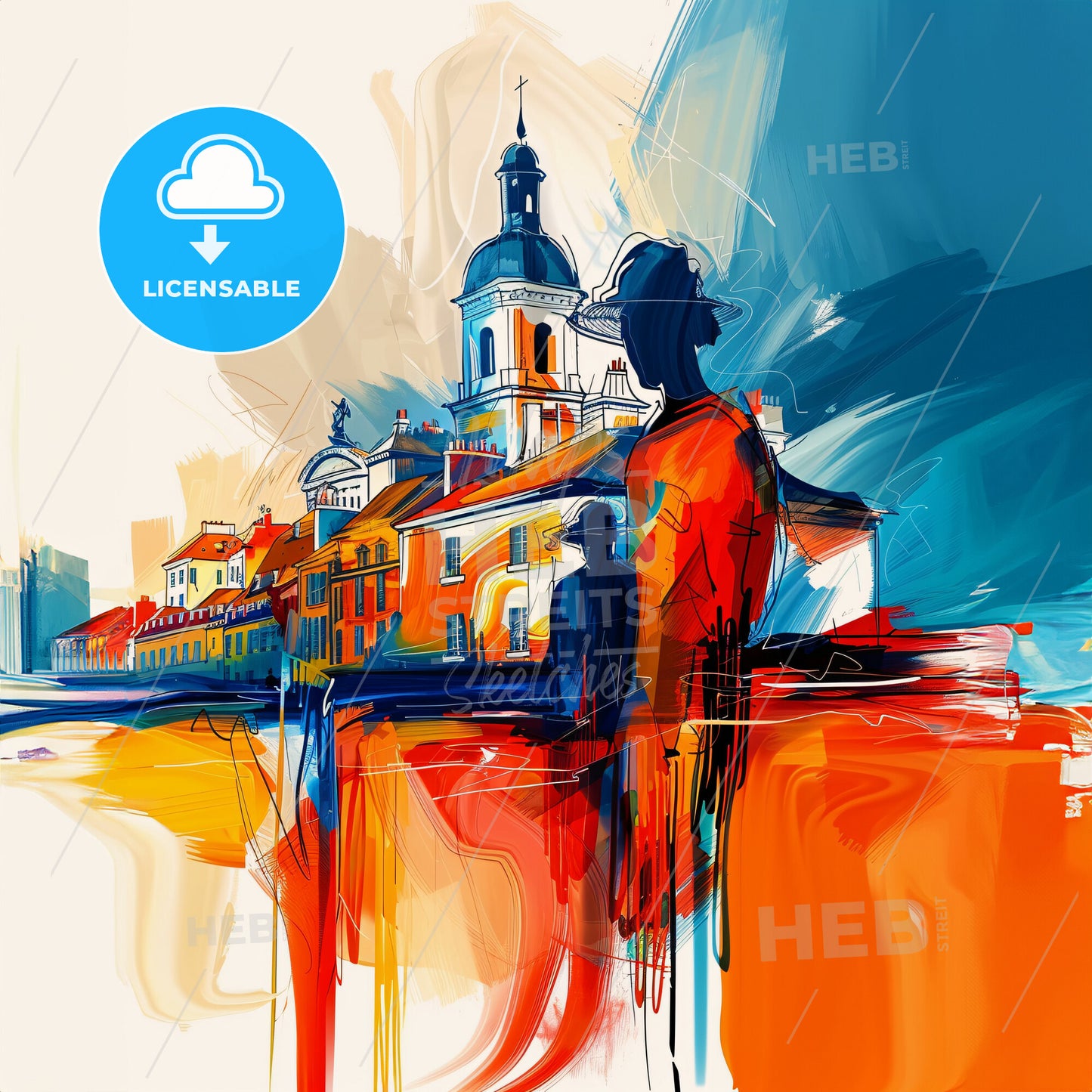 Vibrant Quimper, France - A Painting Of A Man And A Woman In Front Of A Building