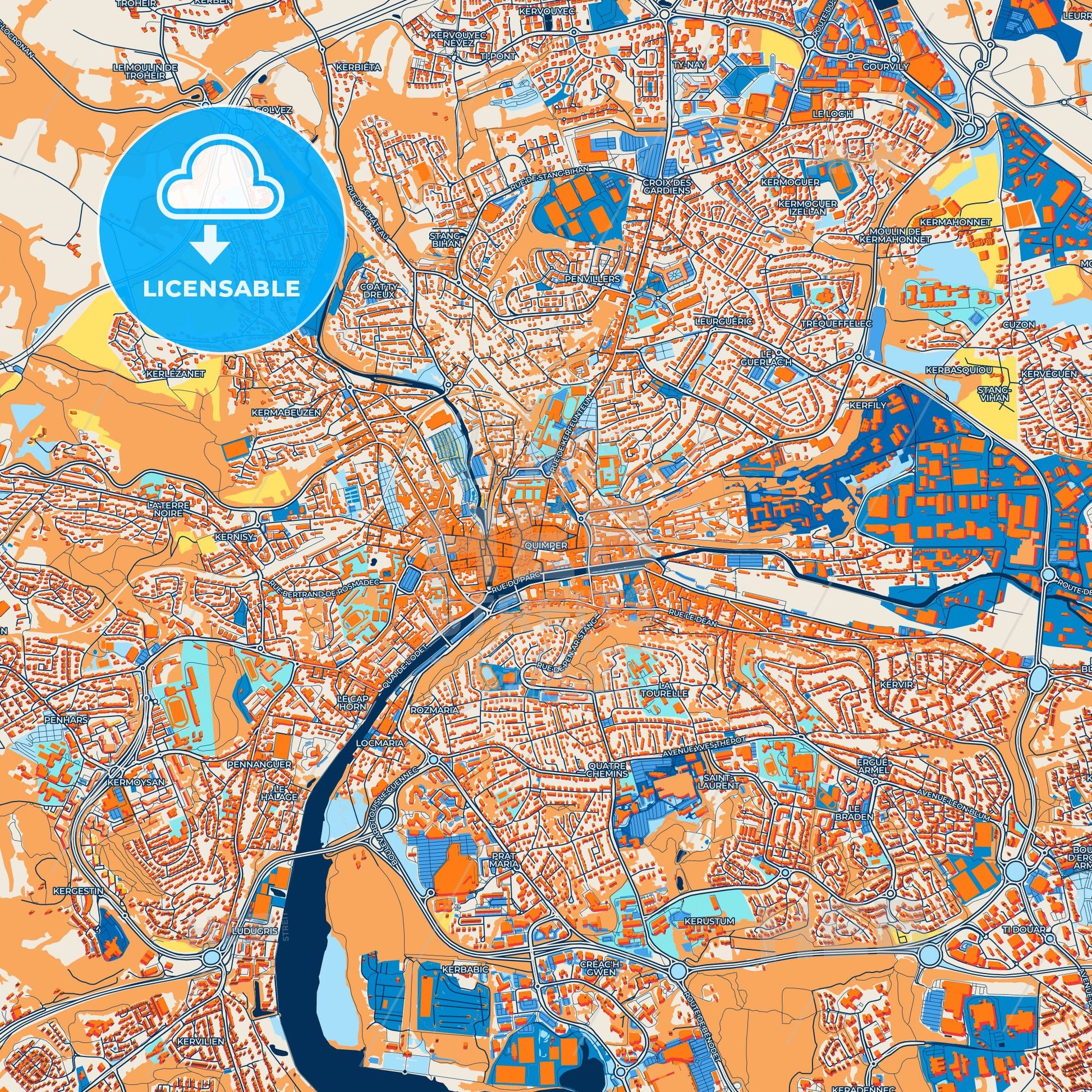 Colorful Quimper Street Map with Labels and Buildings