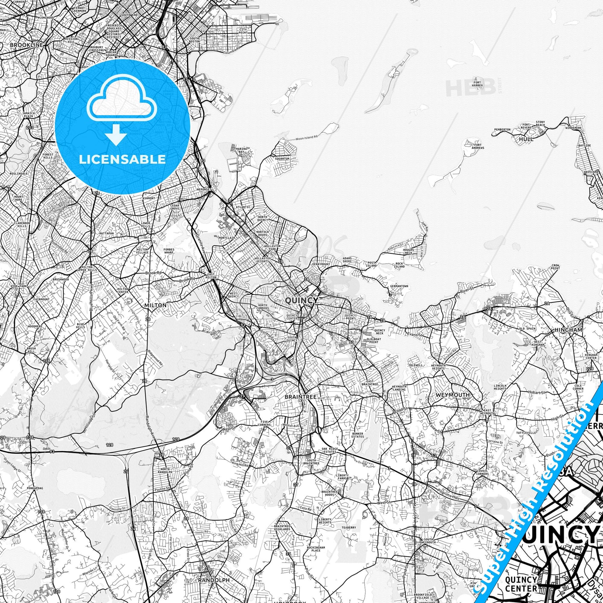 Quincy, Massachusetts light map with streetnames, citynames and districts