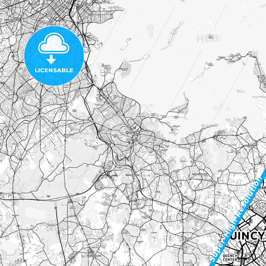 Quincy, Massachusetts light map with streetnames, citynames and districts