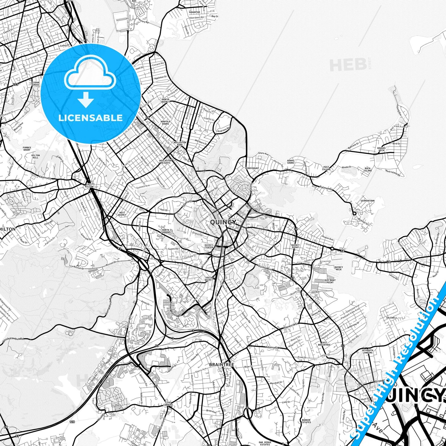 Quincy, Massachusetts Light Map with Street Names, City Names, and Districts