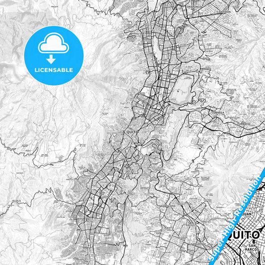 Quito, Ecuador light map with streetnames, citynames and districts
