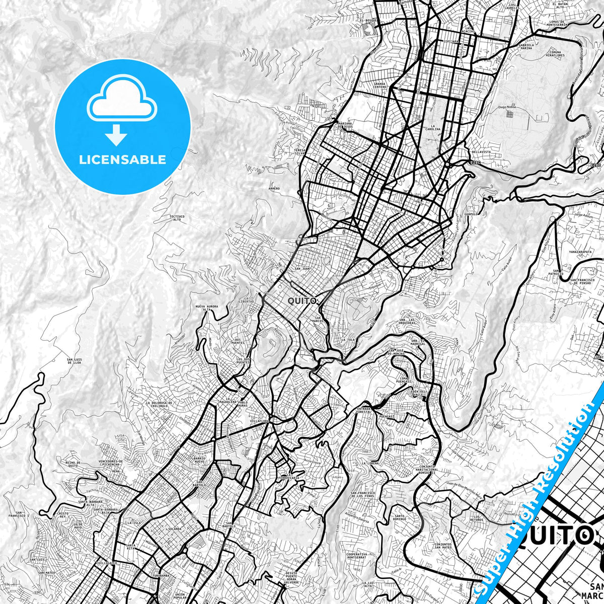 Quito, Ecuador Light Map with Street Names, City Names, and Districts