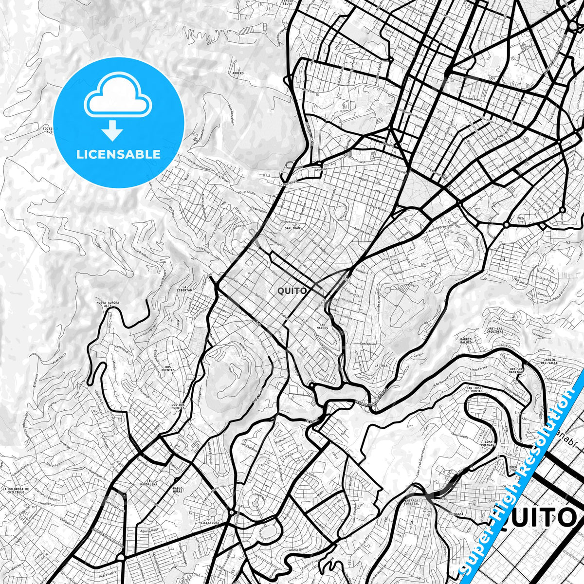 Quito, Ecuador Light Map with Street Names, City Names, and Districts