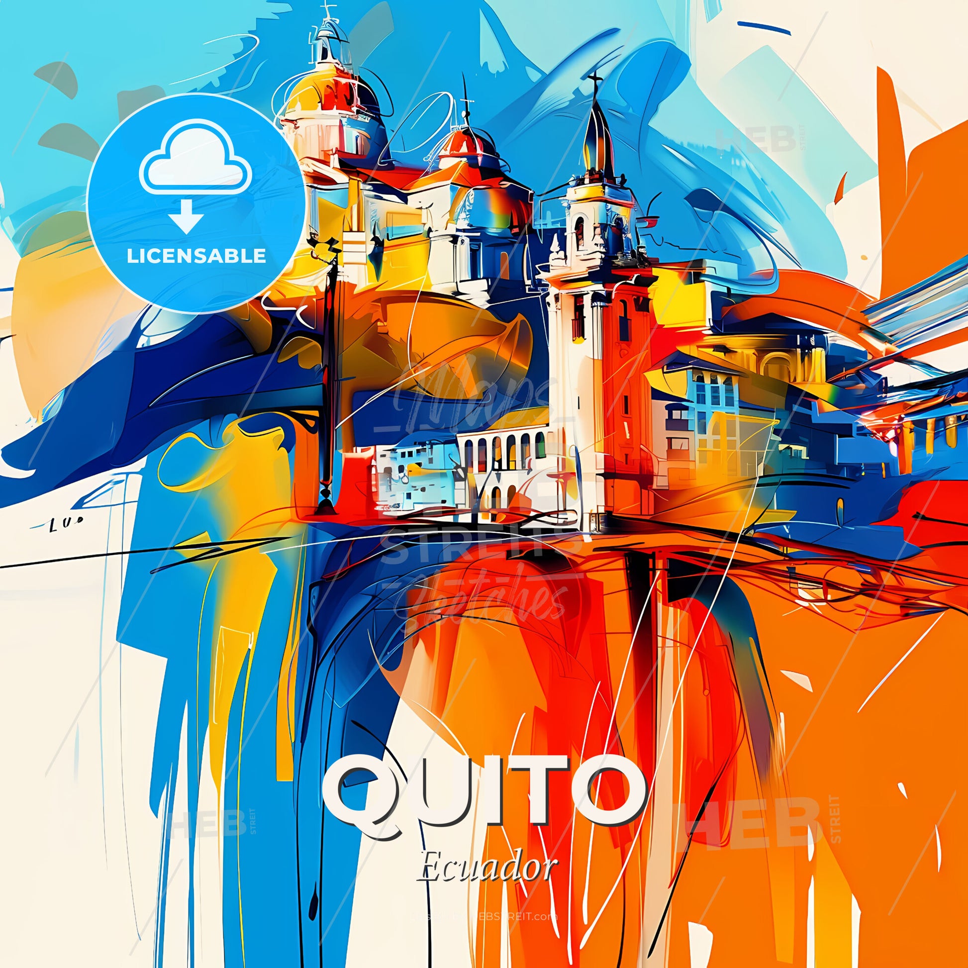 Vibrant Quito, Ecuador - A Colorful Painting Of A Building - Square format print template