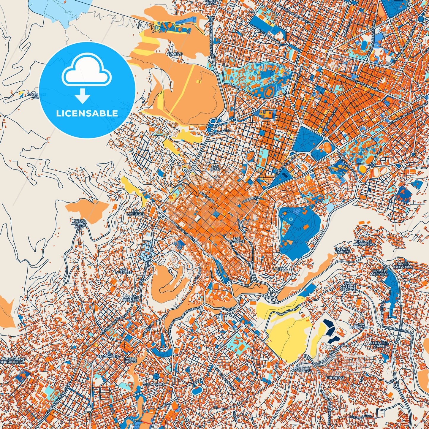 Colorful Quito Street Map with Labels and Buildings