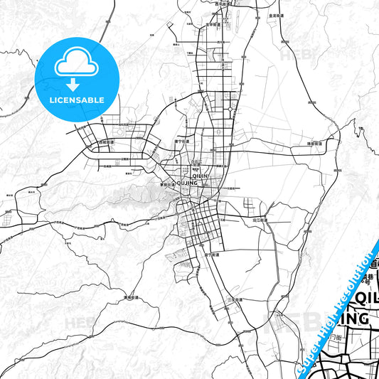 Qujing, China light map with streetnames, citynames and districts