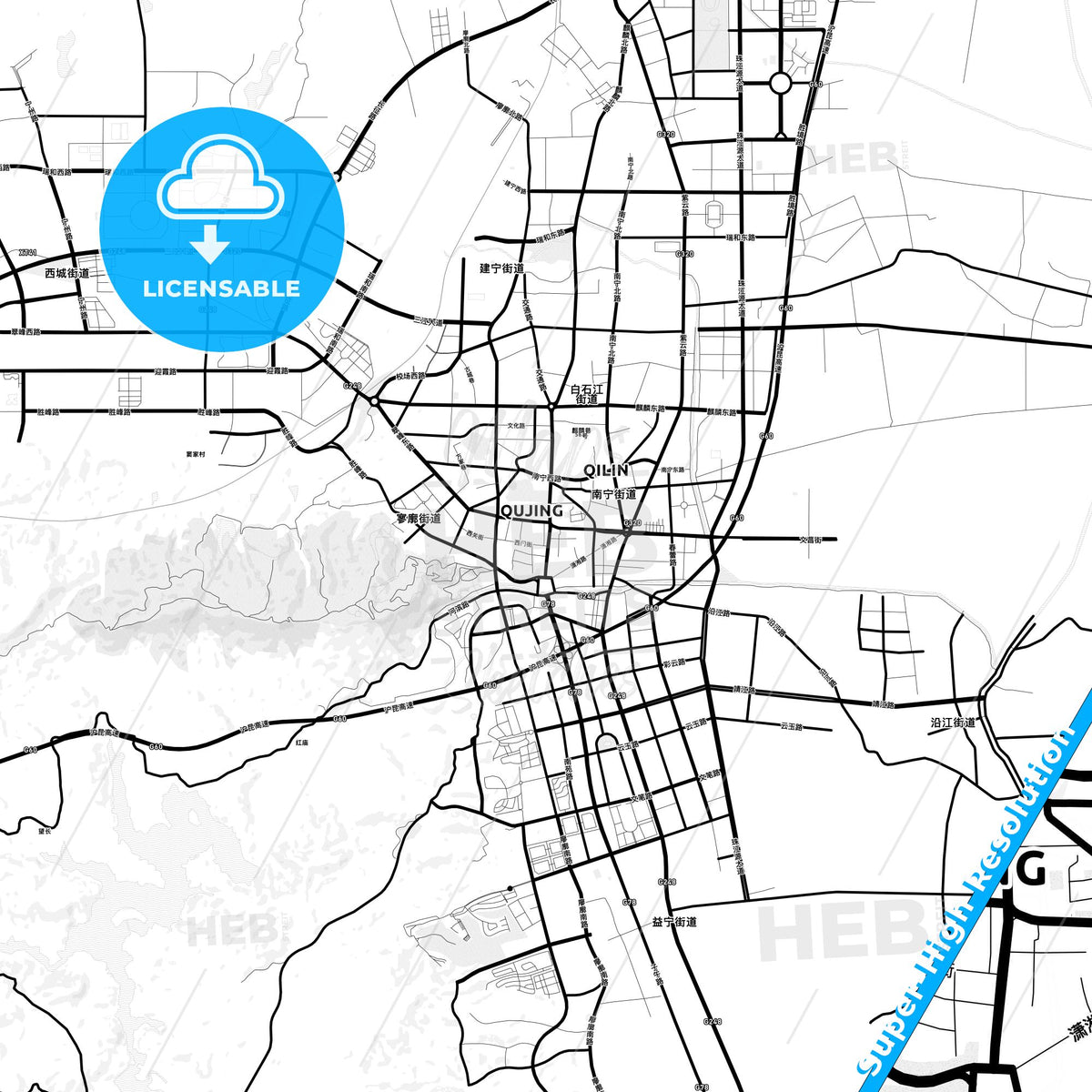 Qujing, China Light Map with Street Names, City Names, and Districts