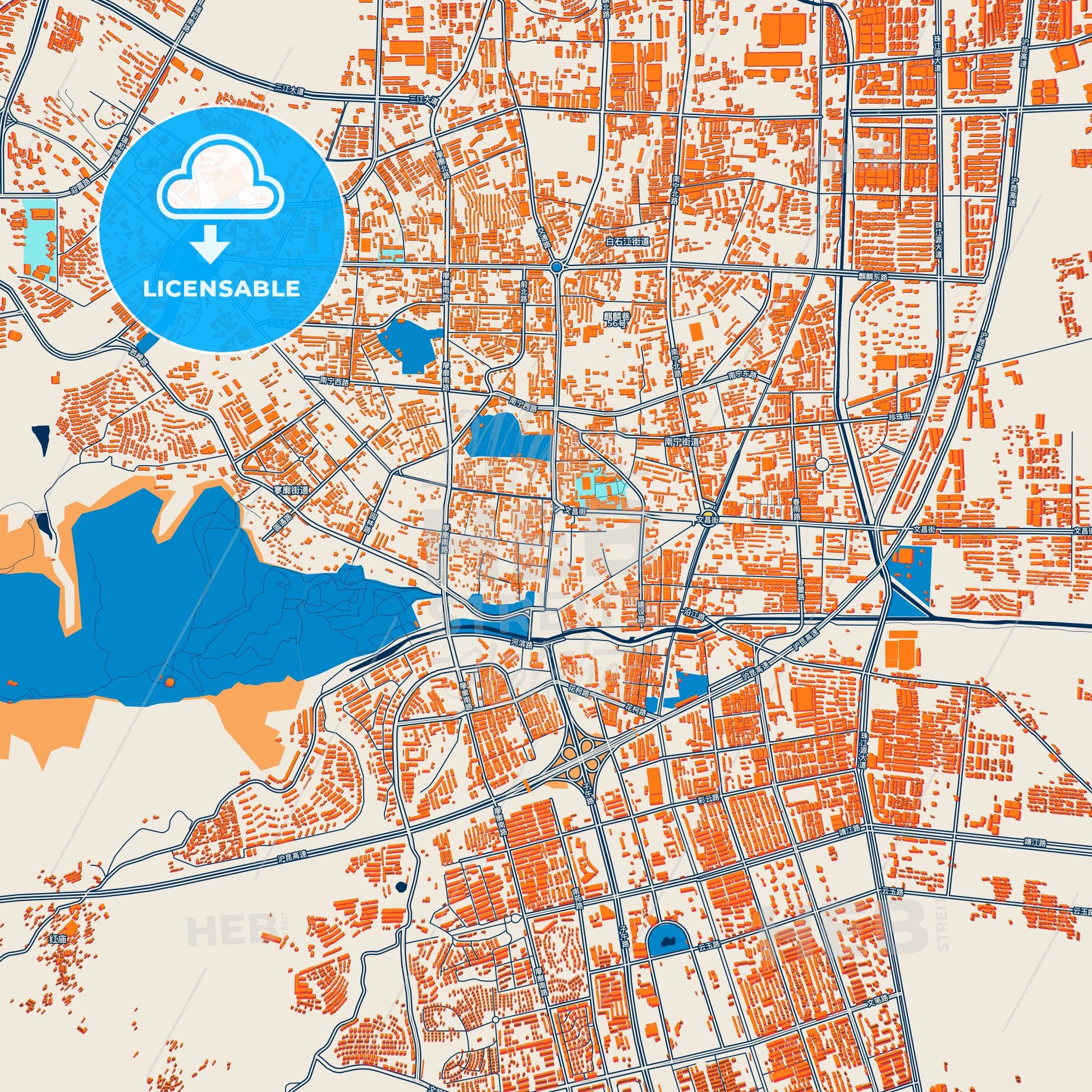 Colorful Qujing Street Map with Labels and Buildings