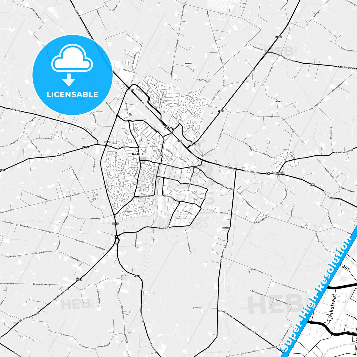 Raalte, Netherlands Light Map with Street Names, City Names, and Districts