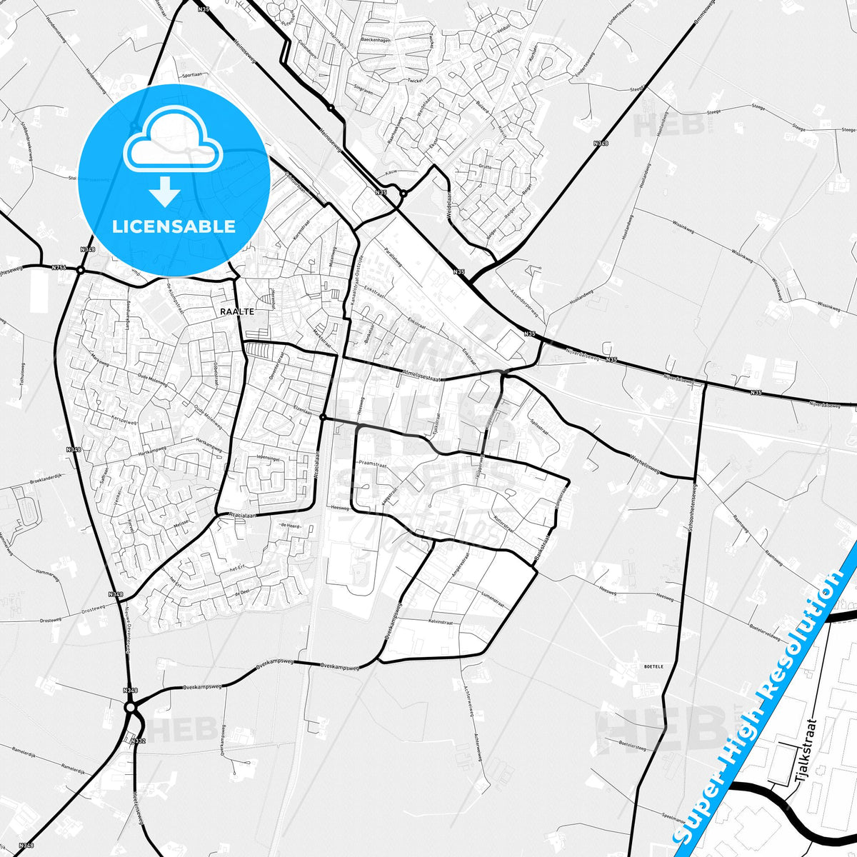 Raalte, Netherlands Light Map with Street Names, City Names, and Districts