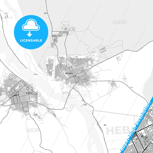 Rabak, Sudan light map with streetnames, citynames and districts