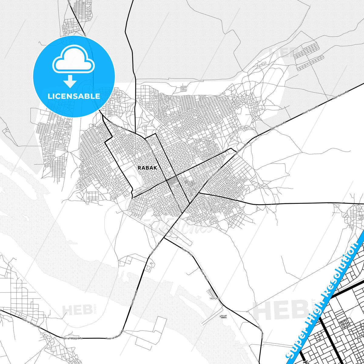 Rabak, Sudan Light Map with Street Names, City Names, and Districts