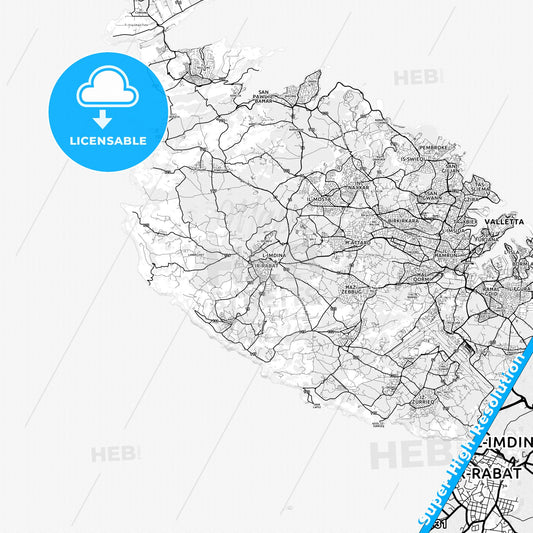 Rabat, Malta light map with streetnames, citynames and districts