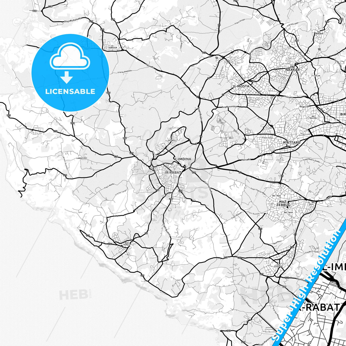 Rabat, Malta Light Map with Street Names, City Names, and Districts