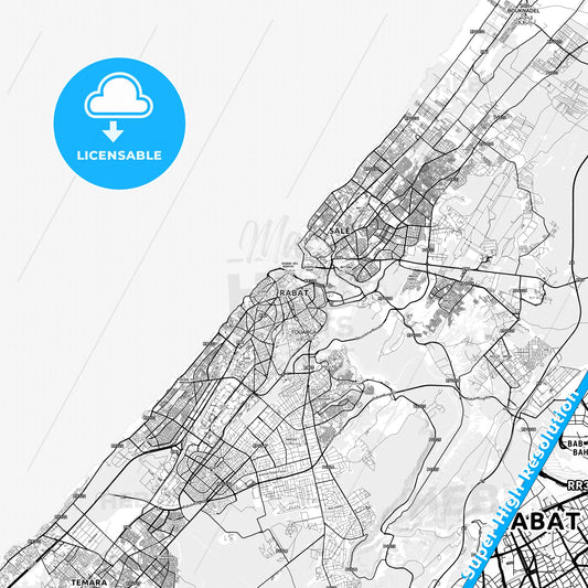 Rabat, Morocco light map with streetnames, citynames and districts