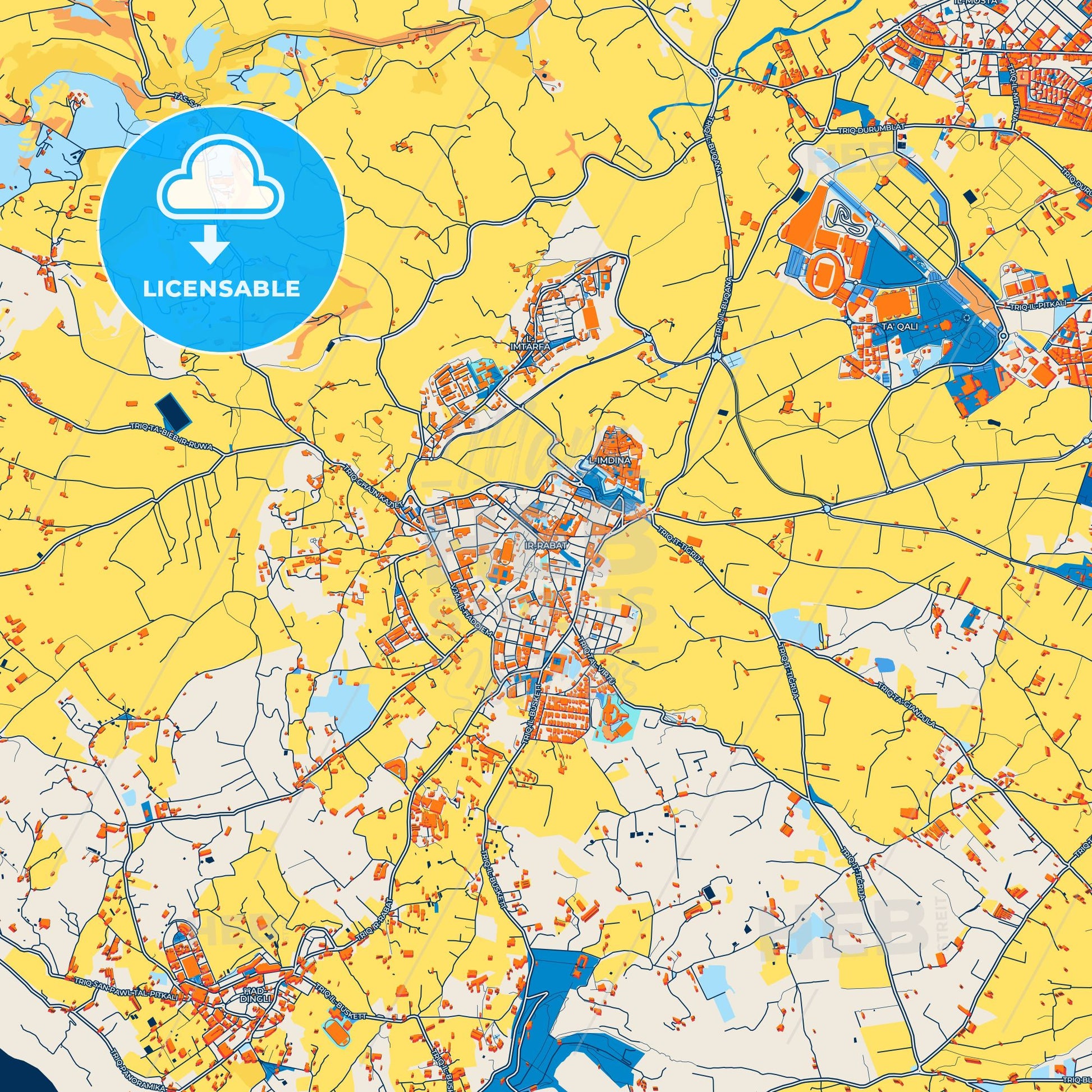 Colorful Rabat Street Map with Labels and Buildings