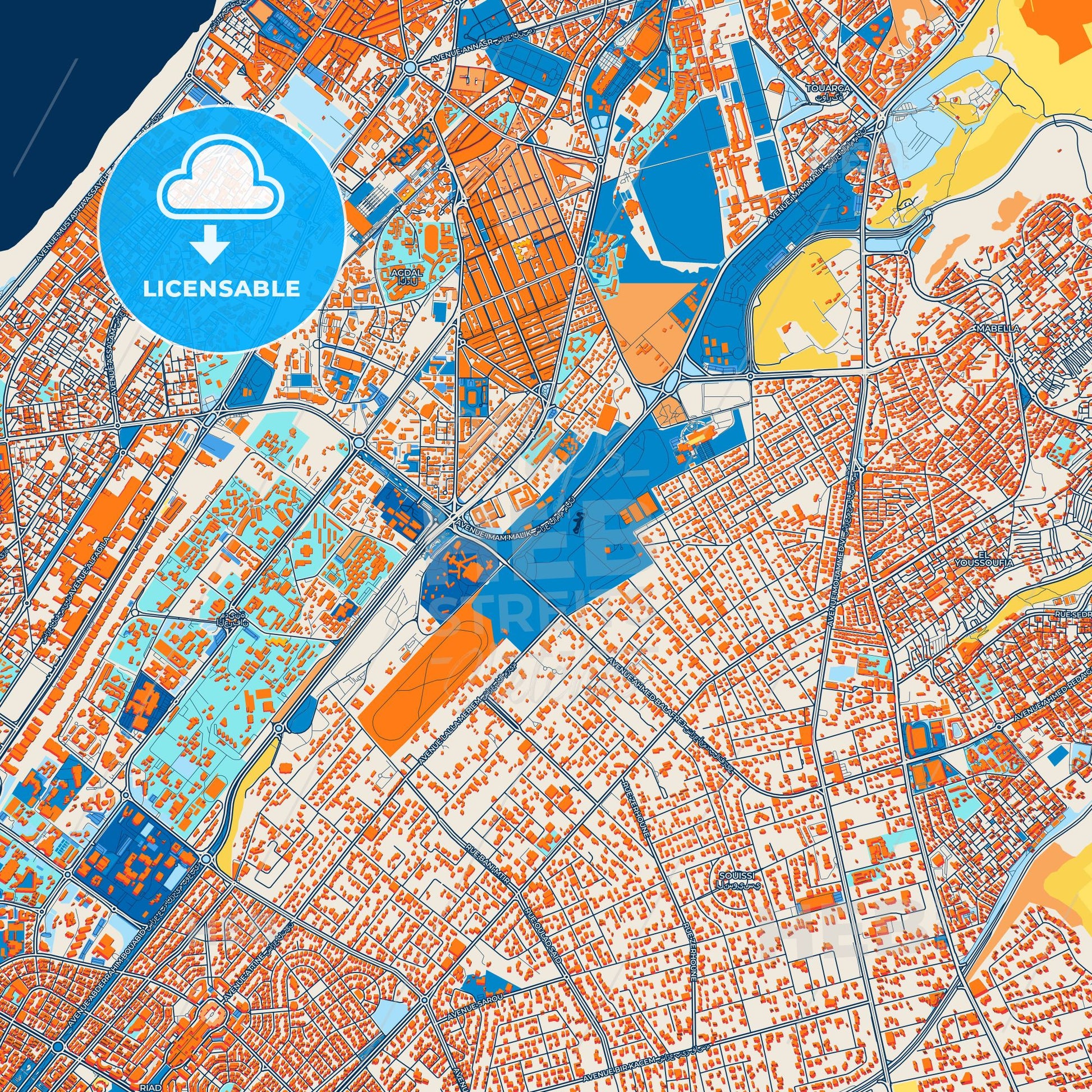 Colorful Rabat Street Map with Labels and Buildings