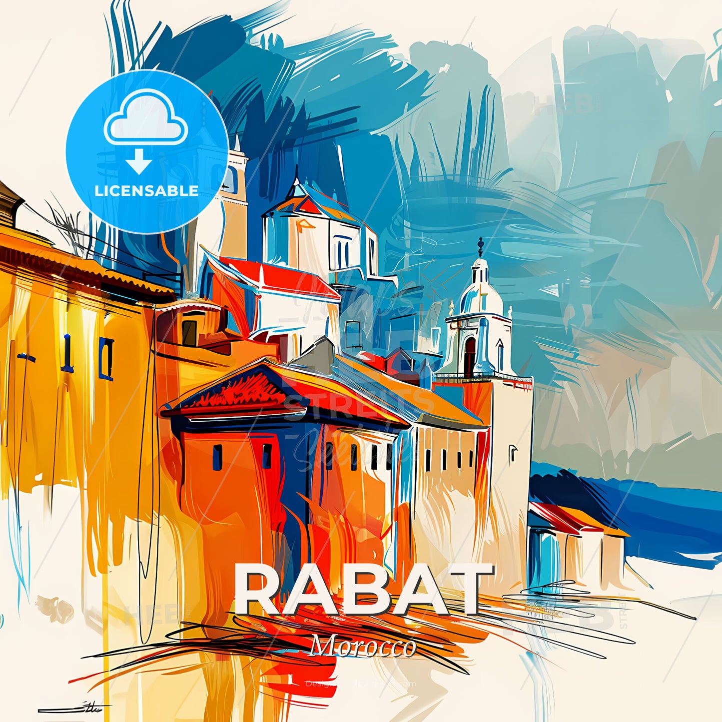 Vibrant Rabat, Morocco - A Painting Of Buildings With Towers - Square format print template