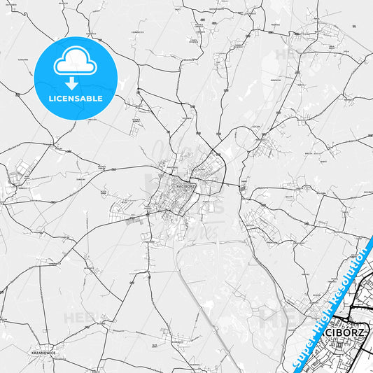 Racibórz, Poland light map with streetnames, citynames and districts