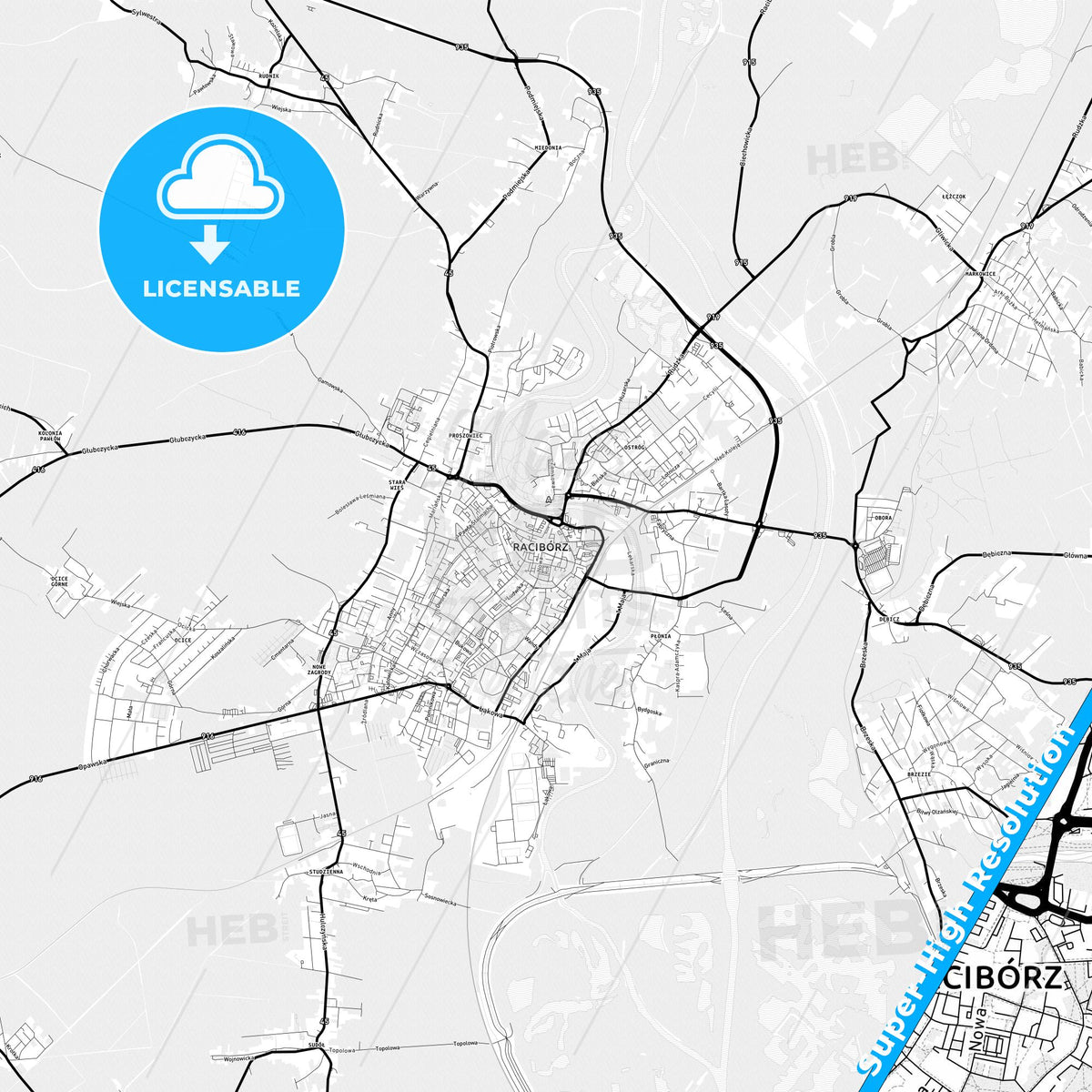 Racibórz, Poland Light Map with Street Names, City Names, and Districts