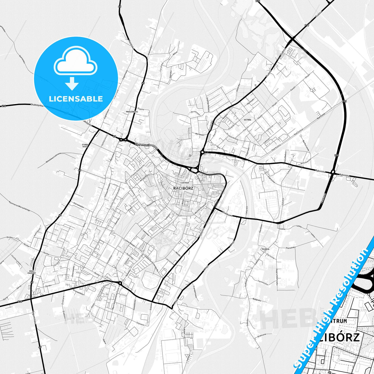 Racibórz, Poland Light Map with Street Names, City Names, and Districts
