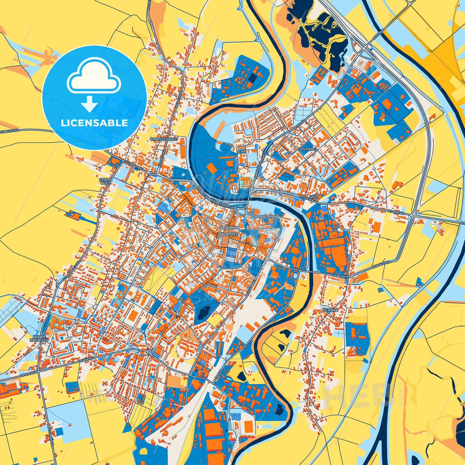 Colorful Racibórz Street Map with Labels and Buildings