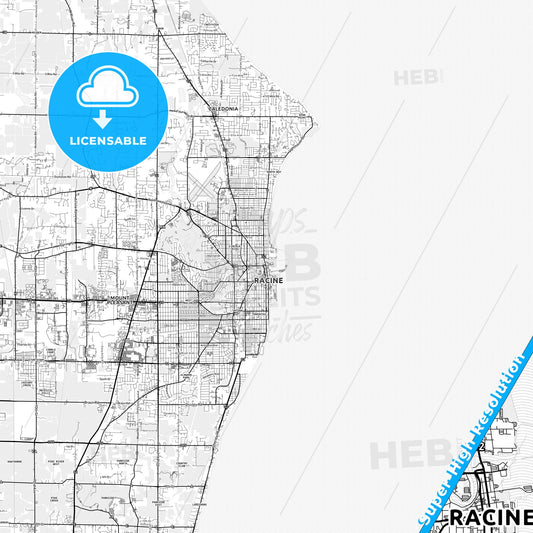 Racine, Wisconsin light map with streetnames, citynames and districts