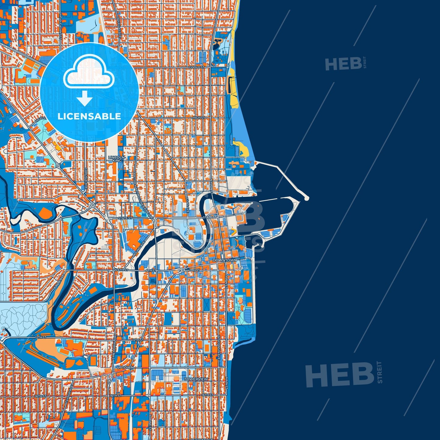 Colorful Racine Street Map with Labels and Buildings