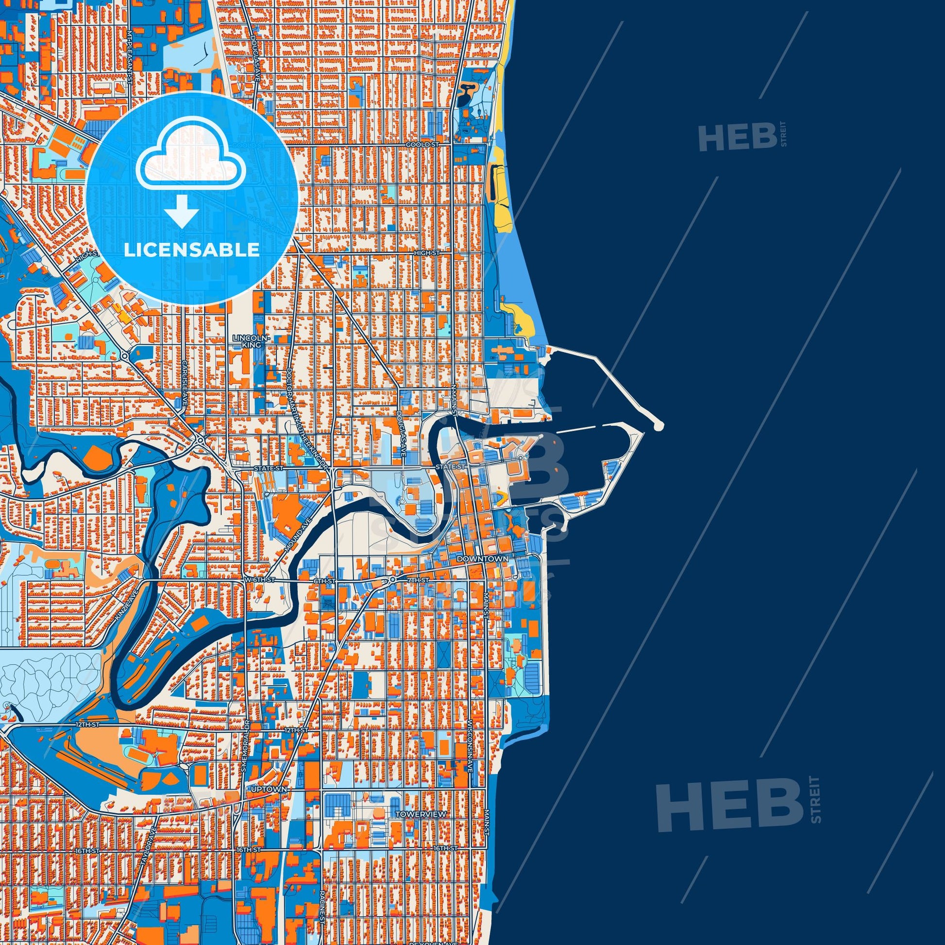 Colorful Racine Street Map with Labels and Buildings