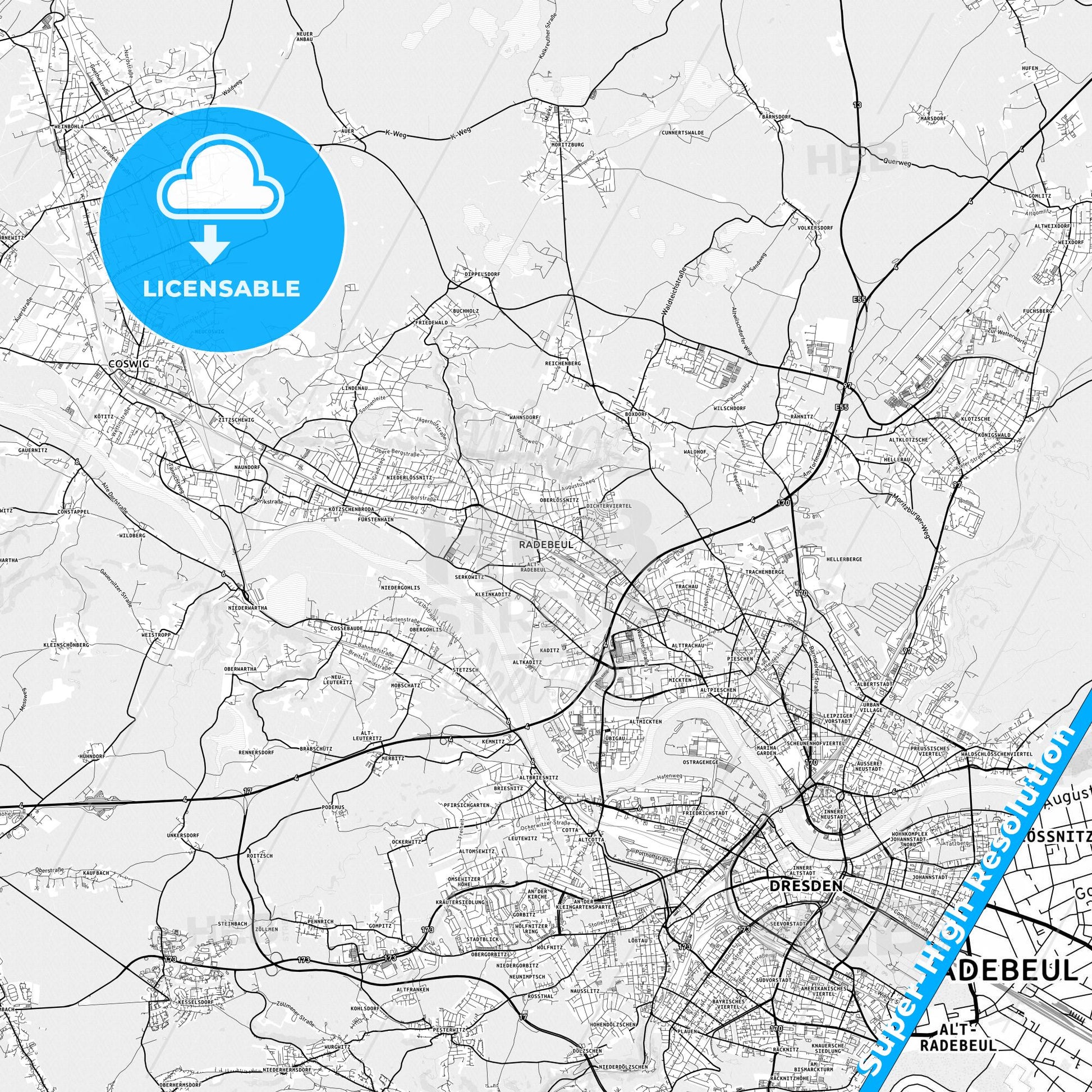 Radebeul, Germany light map with streetnames, citynames and districts