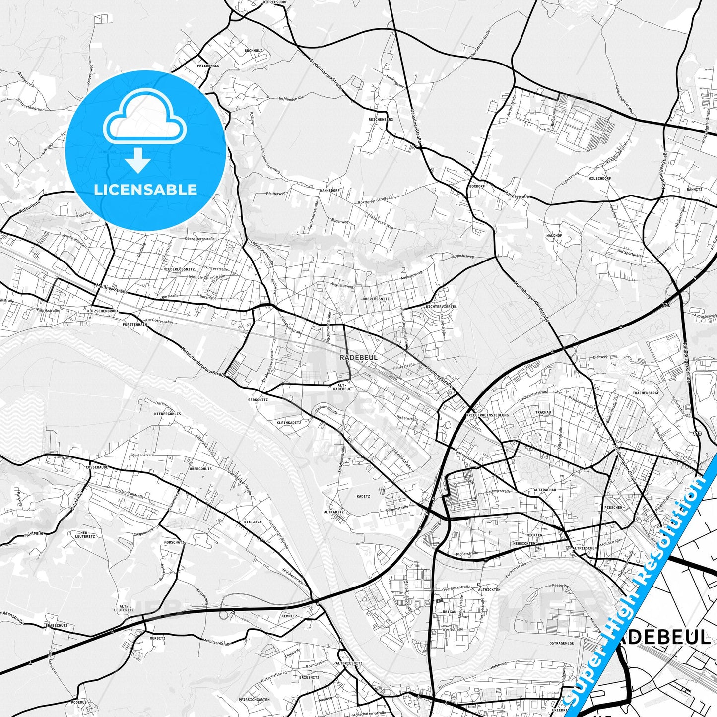Radebeul, Germany Light Map with Street Names, City Names, and Districts