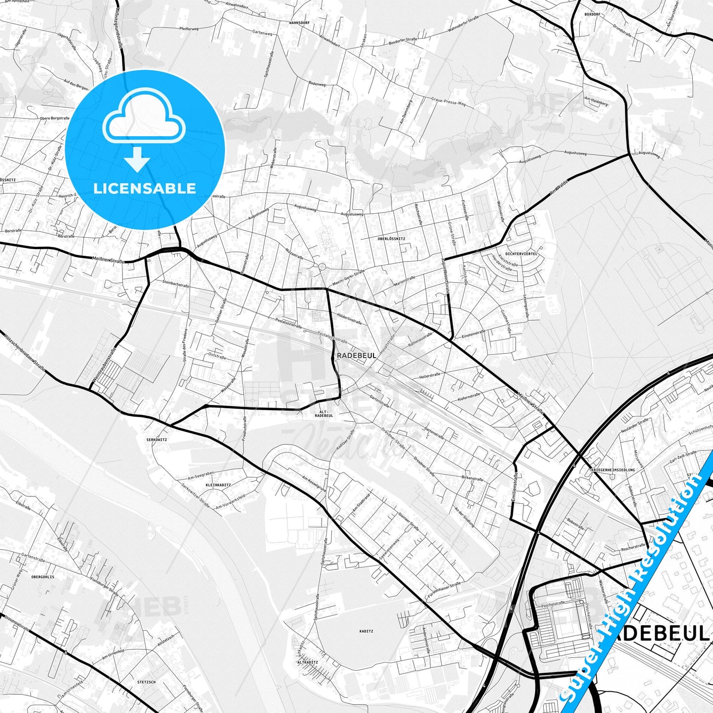 Radebeul, Germany Light Map with Street Names, City Names, and Districts