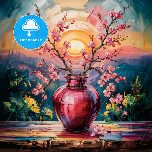 Radiant Cherry Blossoms: Impressionist Oil in Vibrant Sunset Harmony