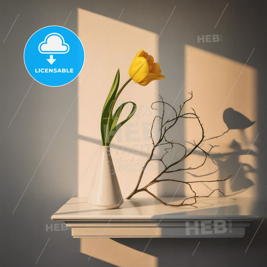 Radiant Elegance: Minimalist Yellow Tulip Still Life in Serene Warm Tones