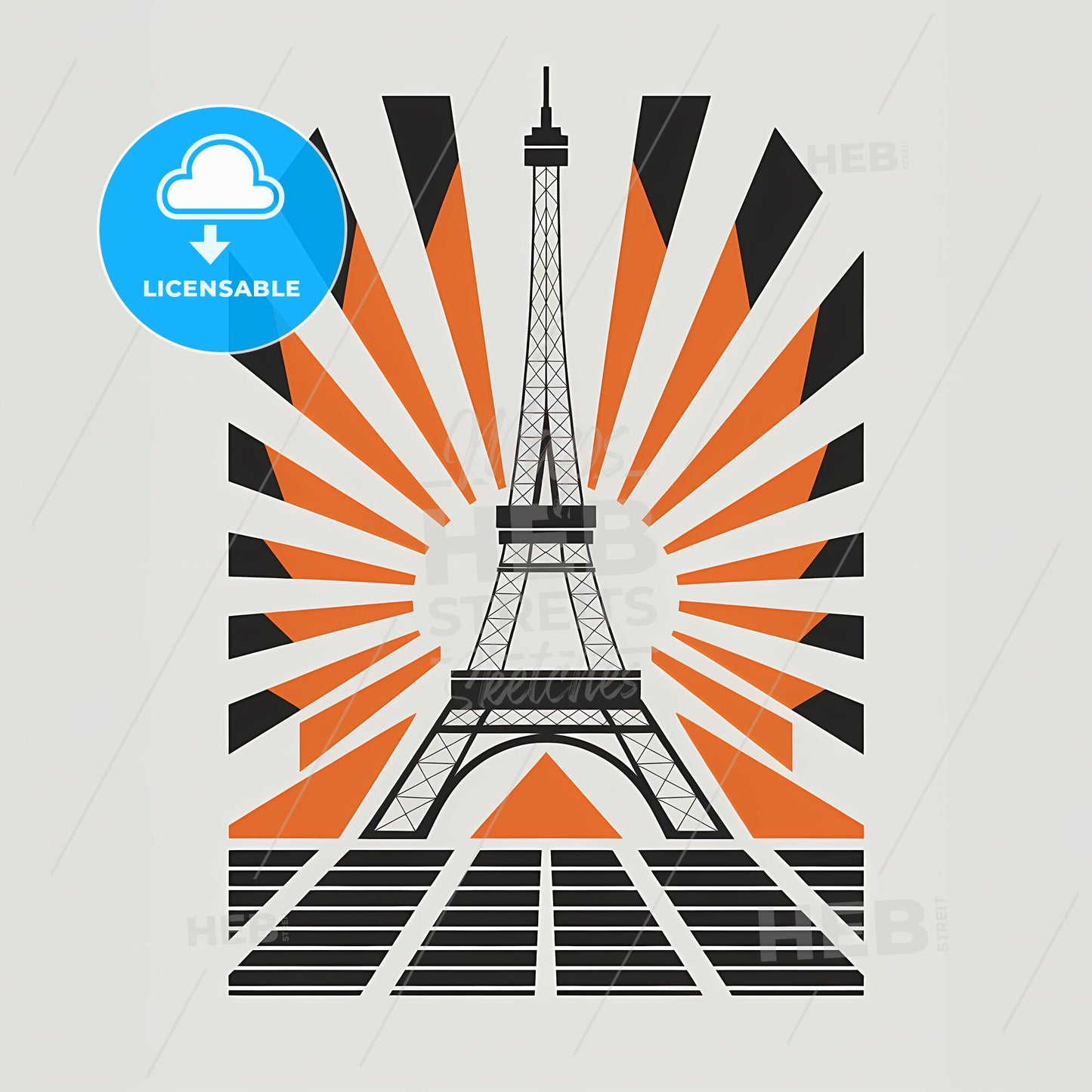 Radiant Retro Eiffel: Minimalist Art Deco in Bold Black and Orange