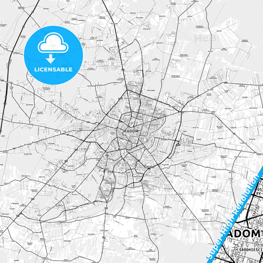 Radom, Poland light map with streetnames, citynames and districts
