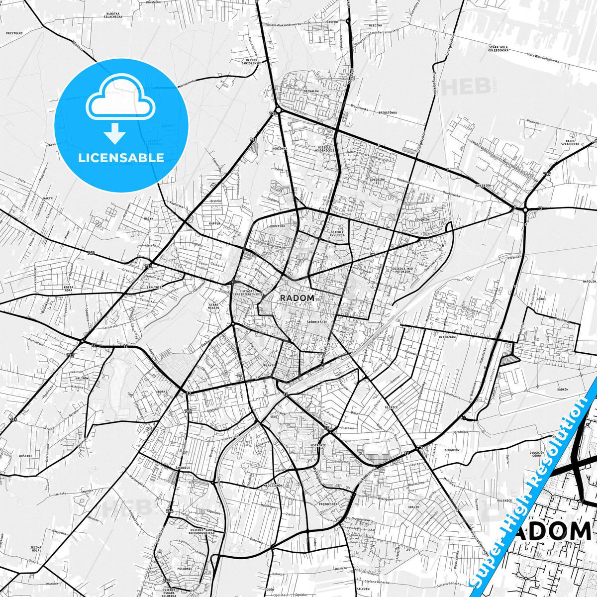 Radom, Poland Light Map with Street Names, City Names, and Districts