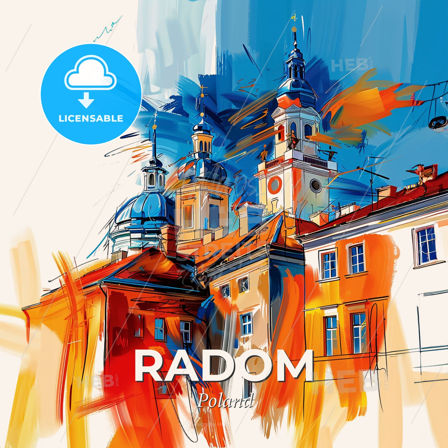 Vibrant Radom, Poland - A Painting Of A Building With A Tower And Towers - Square format print template