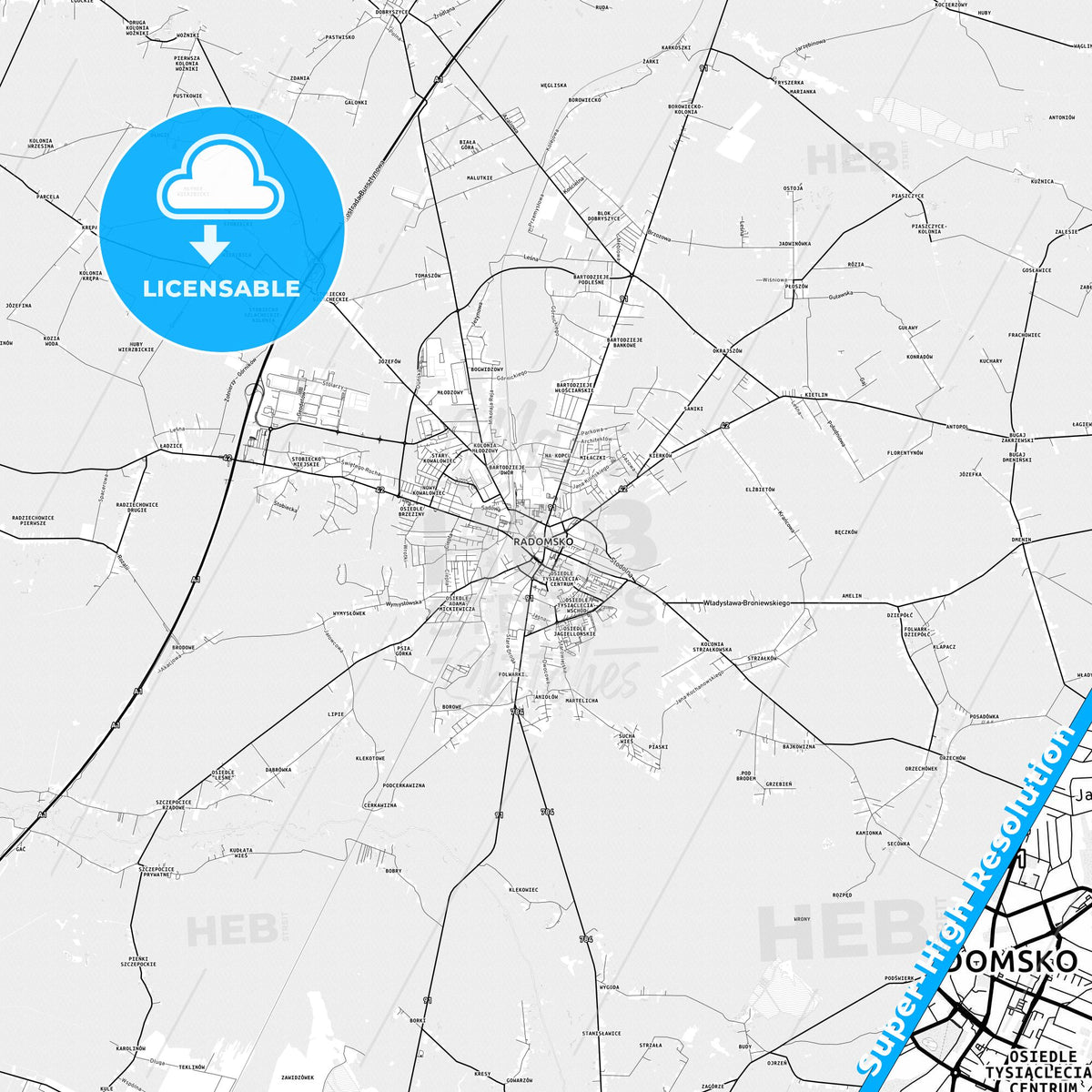 Radomsko, Poland light map with streetnames, citynames and districts